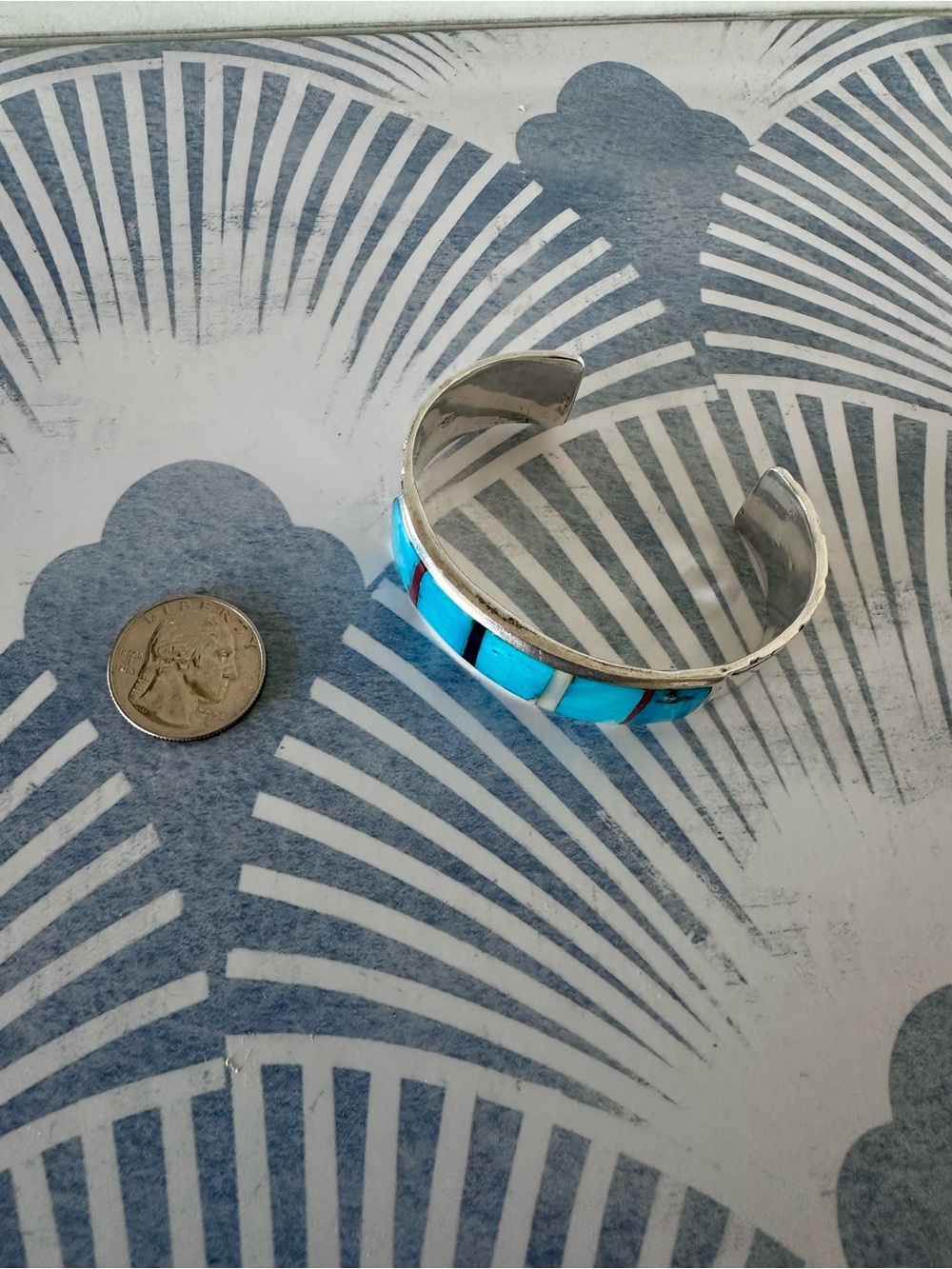 Vintage Native American Sterling Silver Turquoise Inlay Heavy Cuff Bracelet - Picture 14 of 16